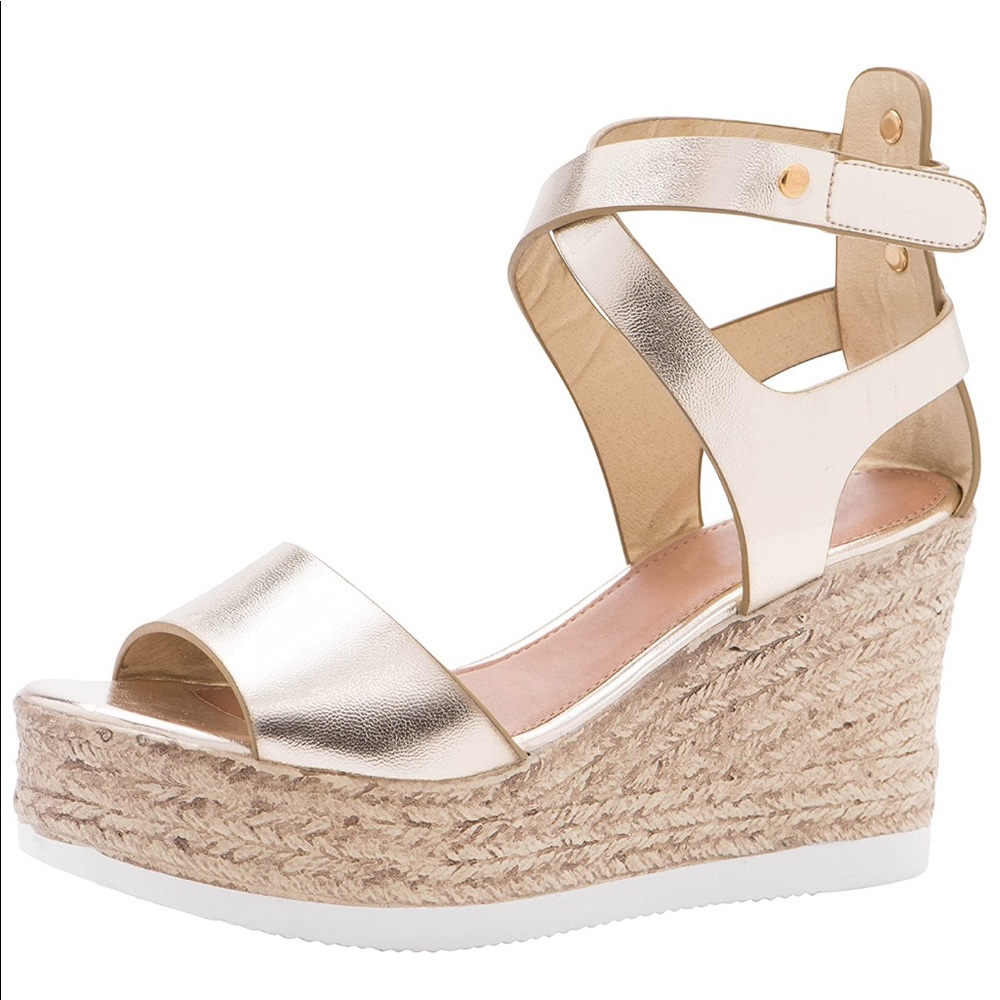 Rose Gold PeepToe Strappy Espadrille Wedge Sandal